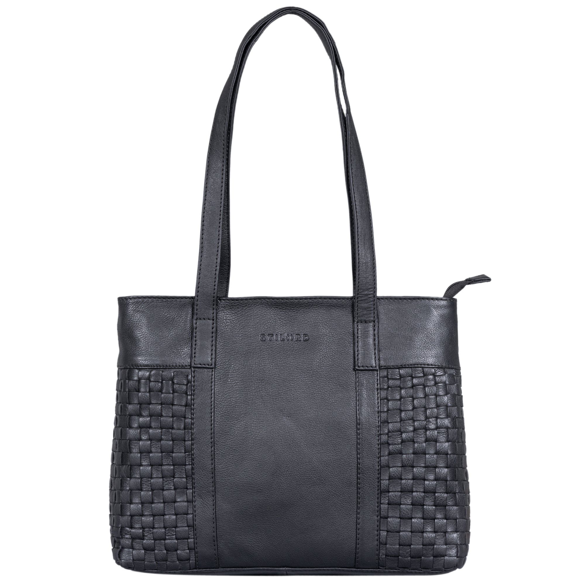 Schwarzer Lederhandtasche Damen echt Leder geflochten mit langen Henkeln groß