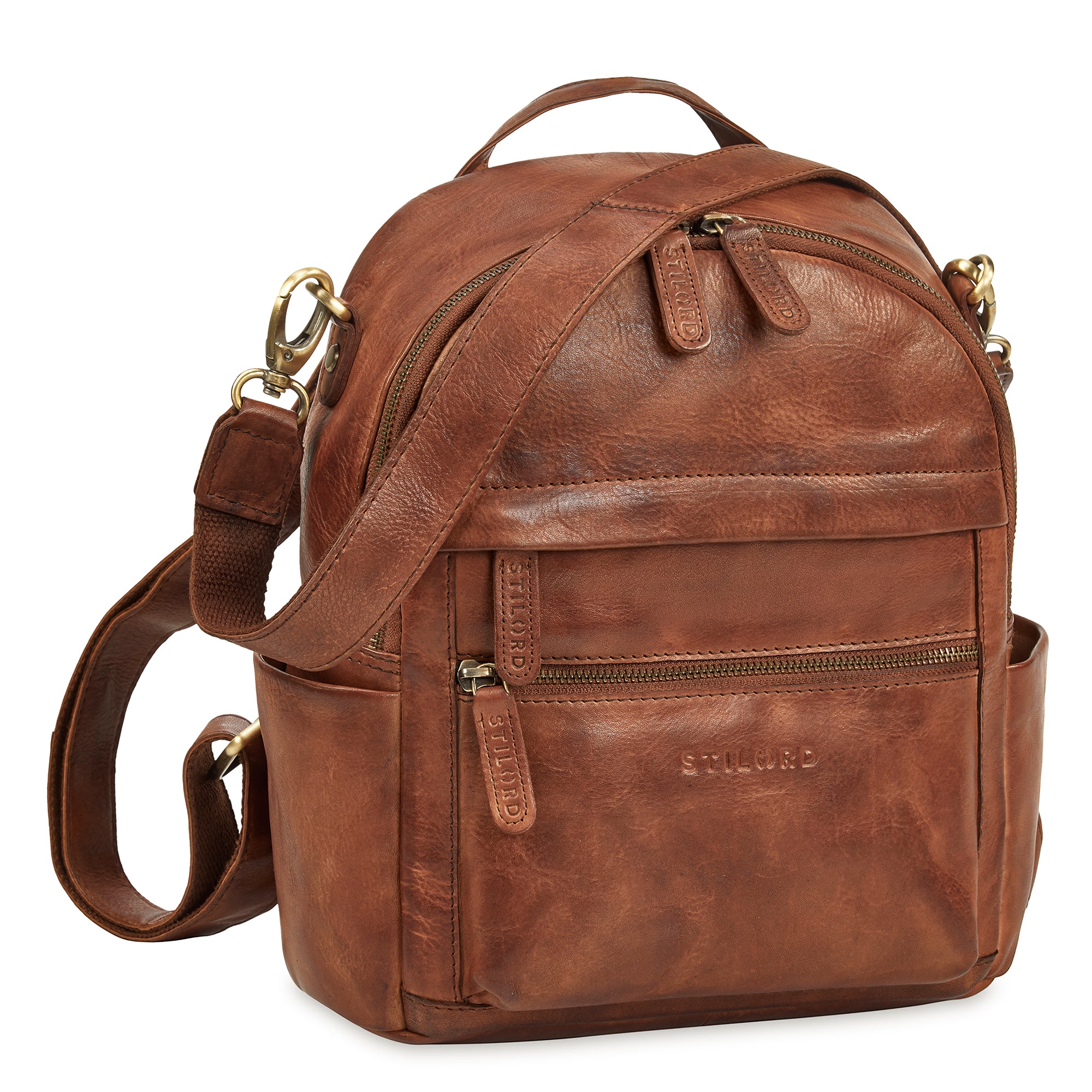 Kleine 2-in-1 Leder Rucksack-Tasche Cognac für Damen