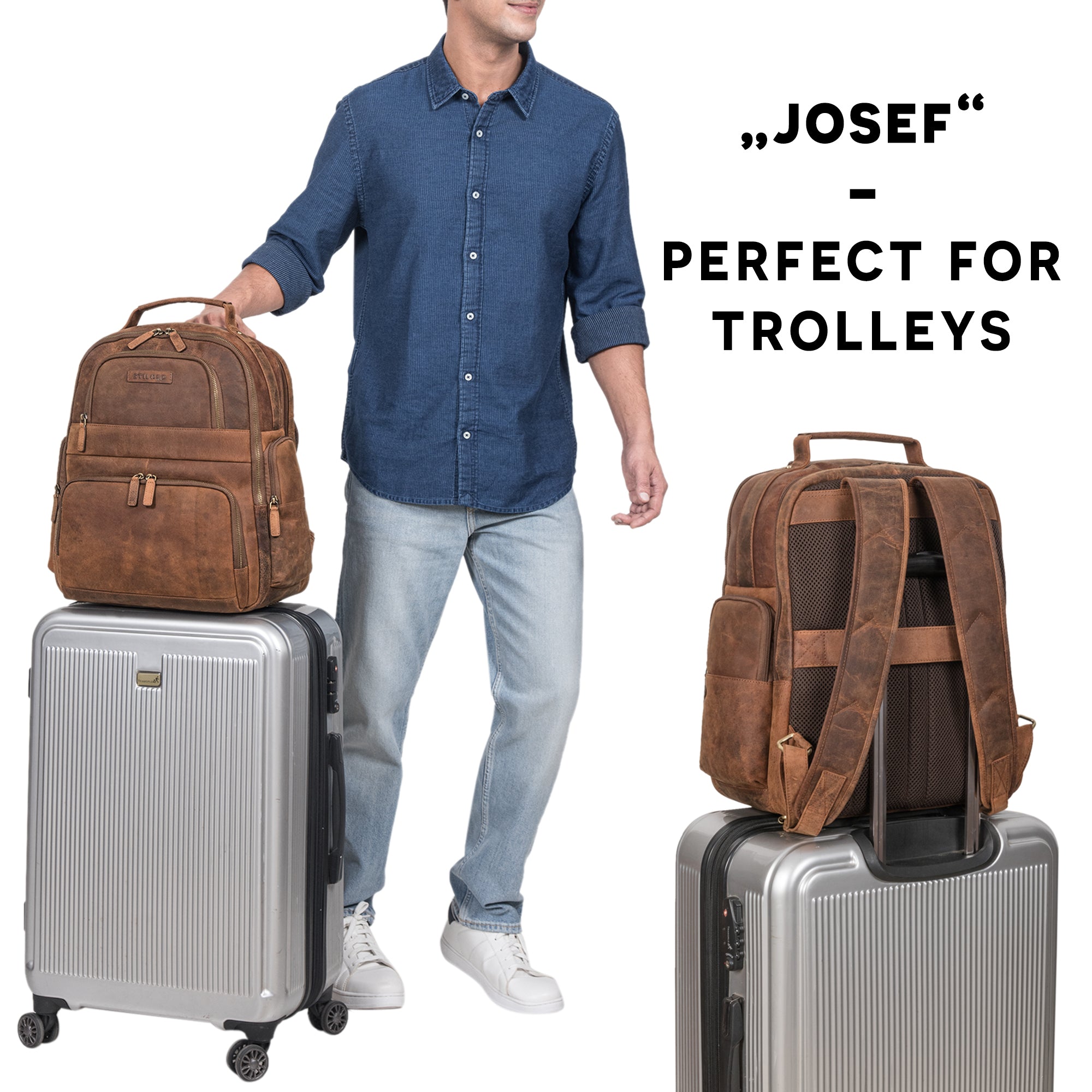 Laptoprucksack mit Trolley Halterung Herren Echtleder braun