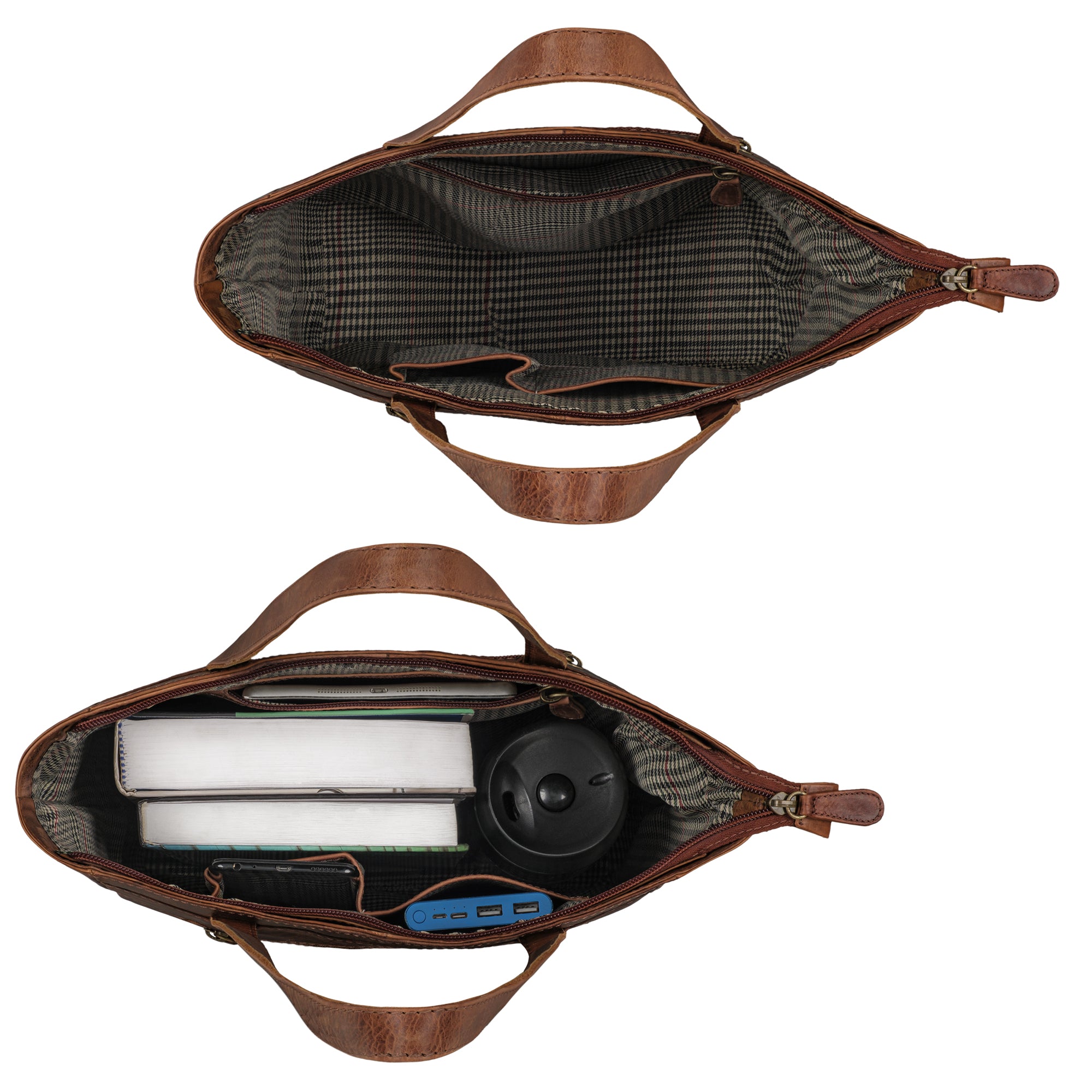 Leder Handtasche cognac im gefüllten Zustand und leeren Zustand aus der Draufsicht