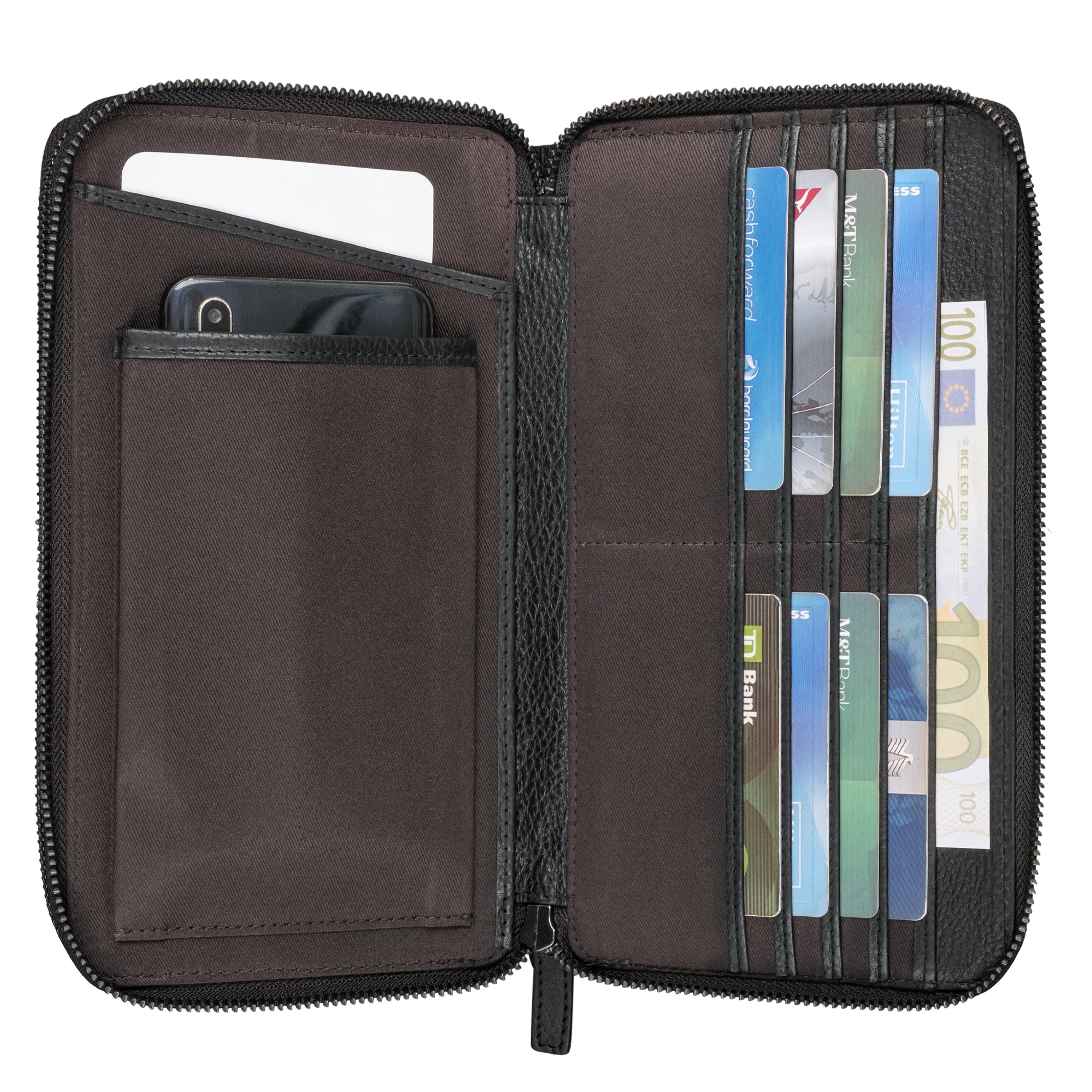 Handytasche mit Geldbörse in schwarzem Leder