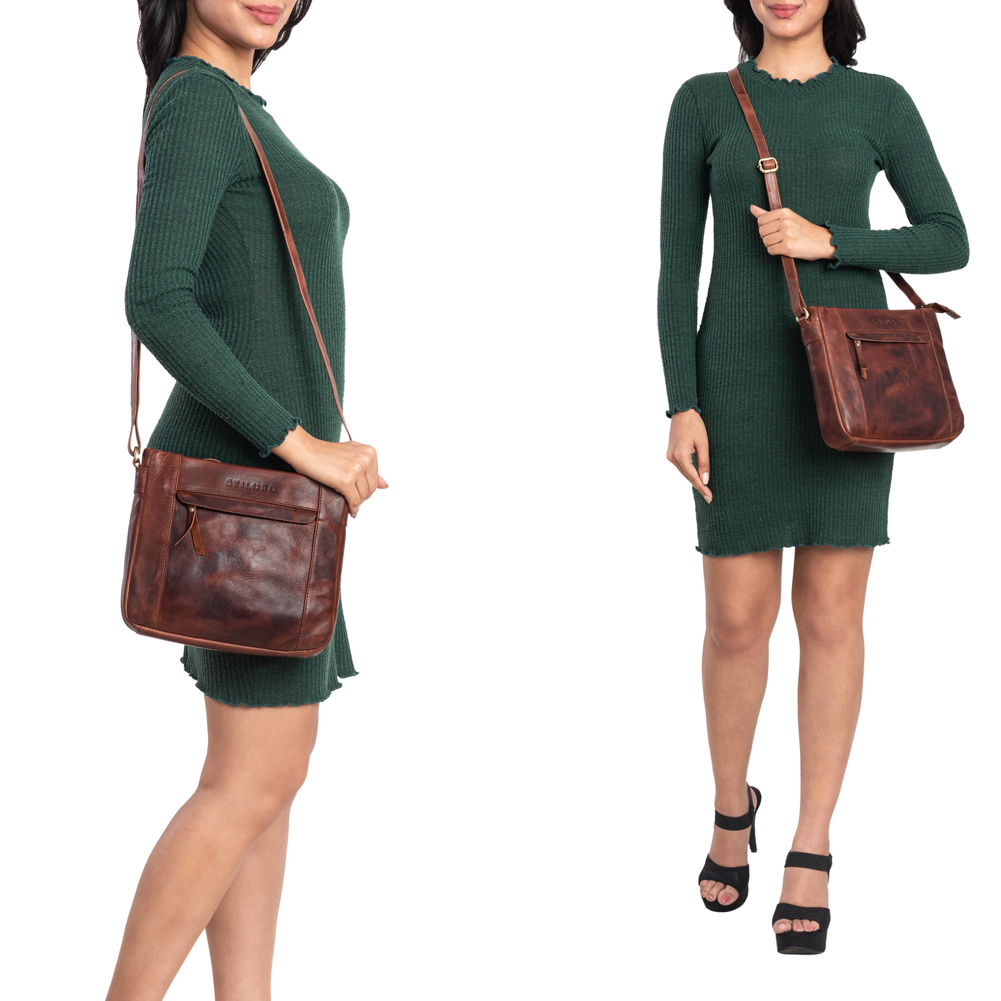 Leder Umhängetaschen Damen klein in cognac über die Schulter und crossbody an einer Dame getragen