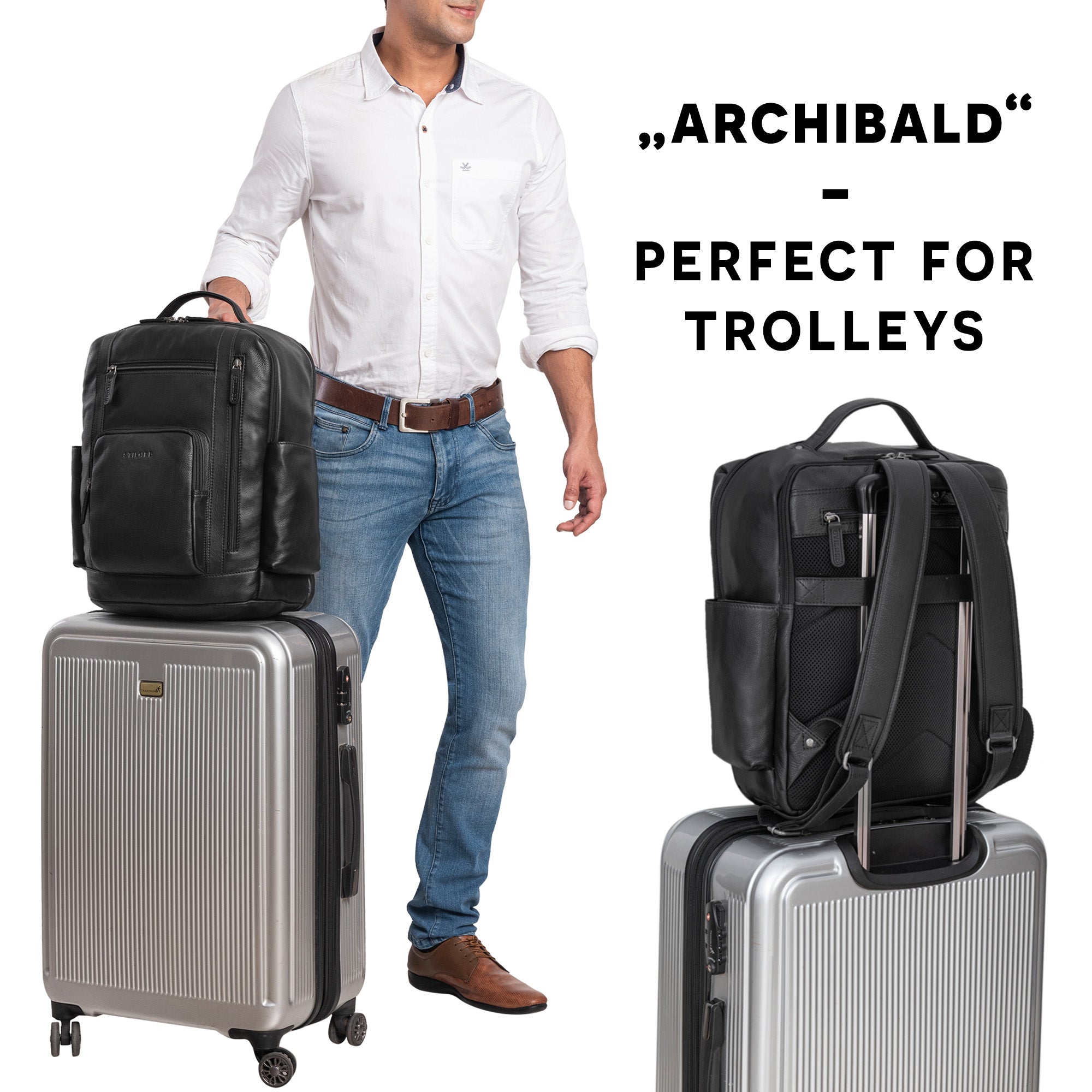 Rucksack Leder schwarz mit Trolleyhalter