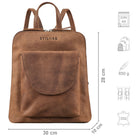 Damenrucksack klein braun mit Größenangaben und zusätzlichen Merkmal Icons