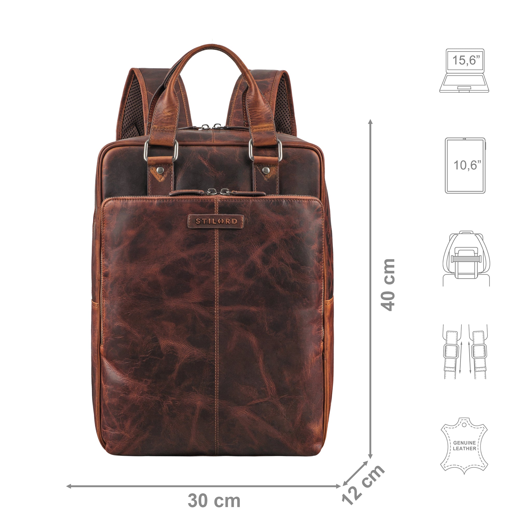 Rucksack Leder cognac mit Größenangaben und zusätzlichen Icons