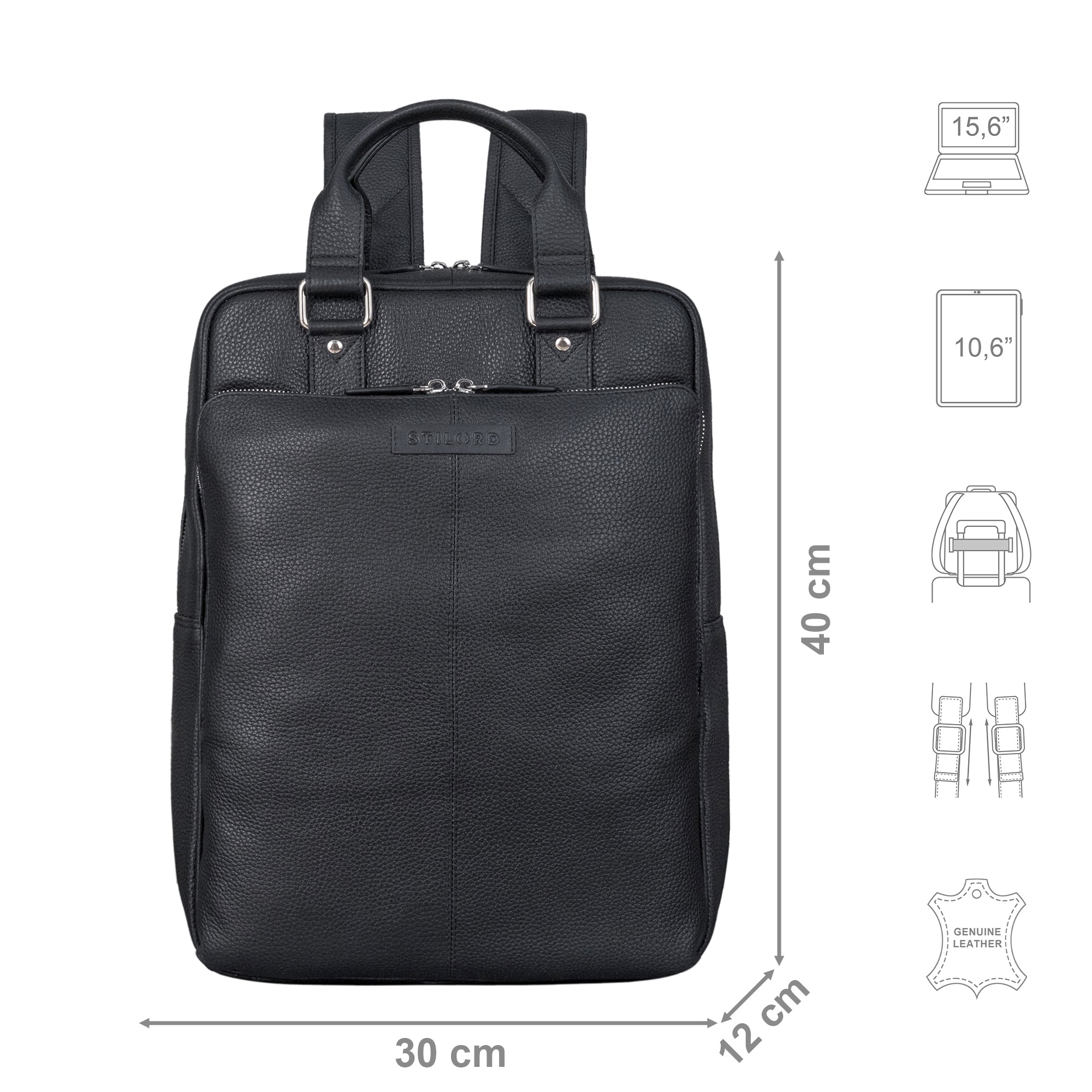 Rucksack Leder Schwarz mit Größenangaben und zusätzlichen Icons