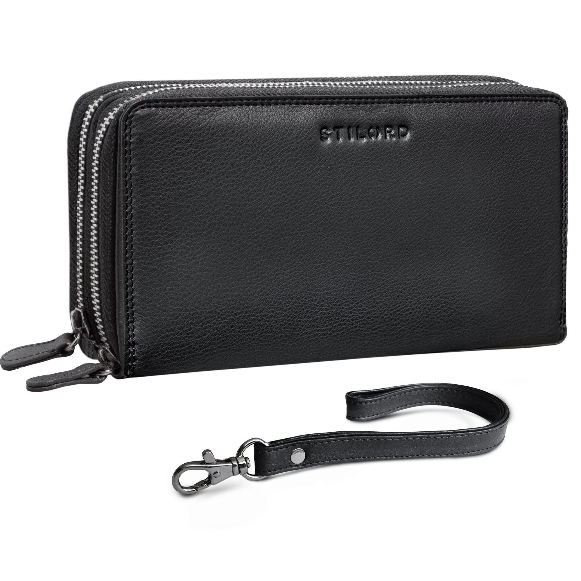 Leder Portemonnaie und Handgelenktasche RFID schwarz