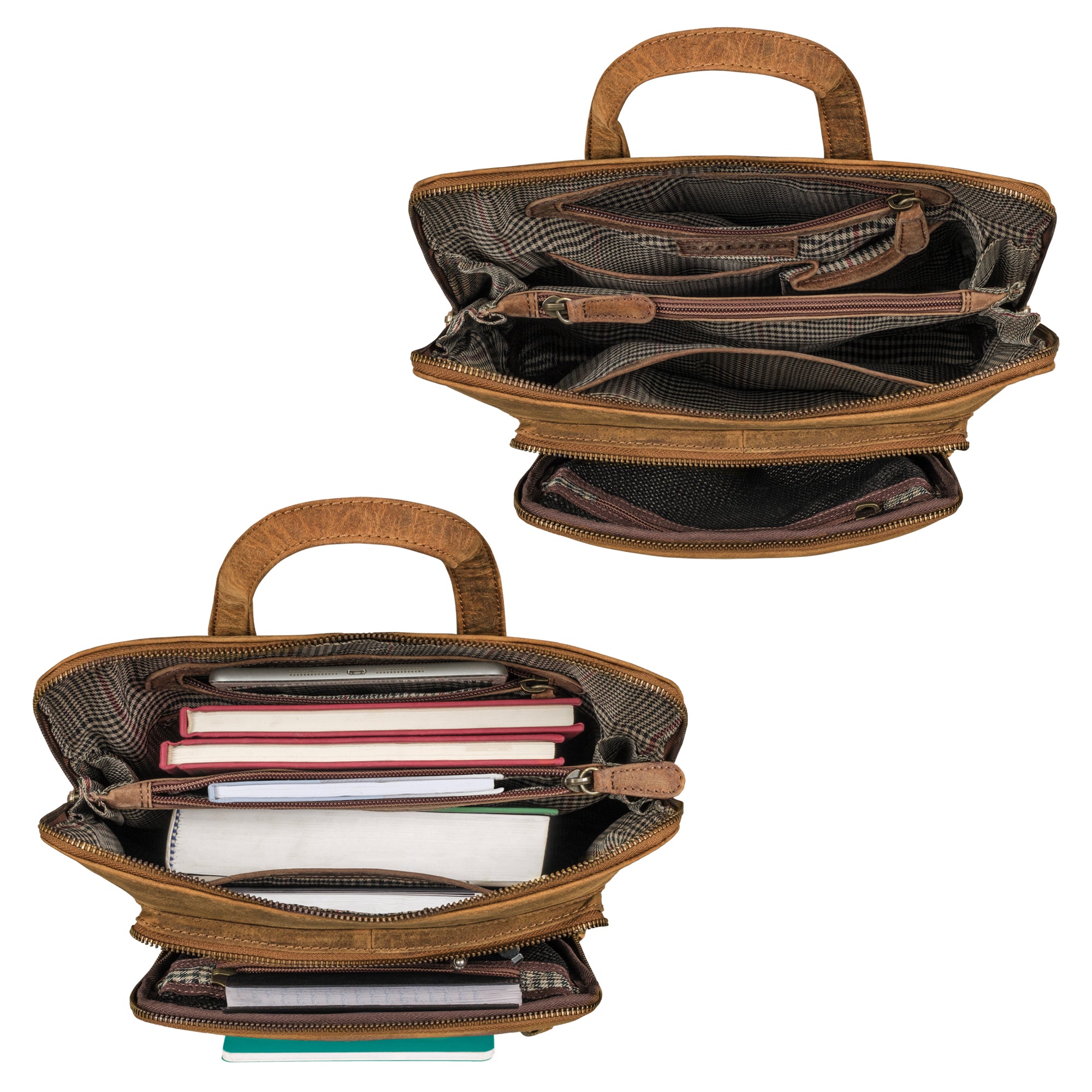Lederrucksack Damen braun im gefüllten Zustand und leeren Zustand aus der Draufsicht