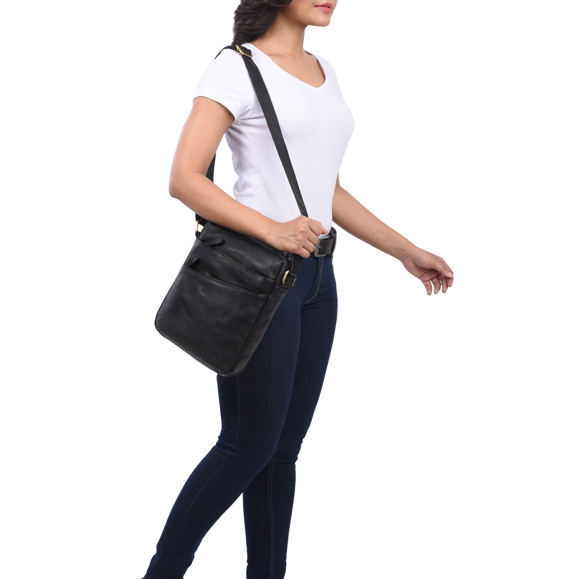 Damen Umhängetasche Leder schwarz