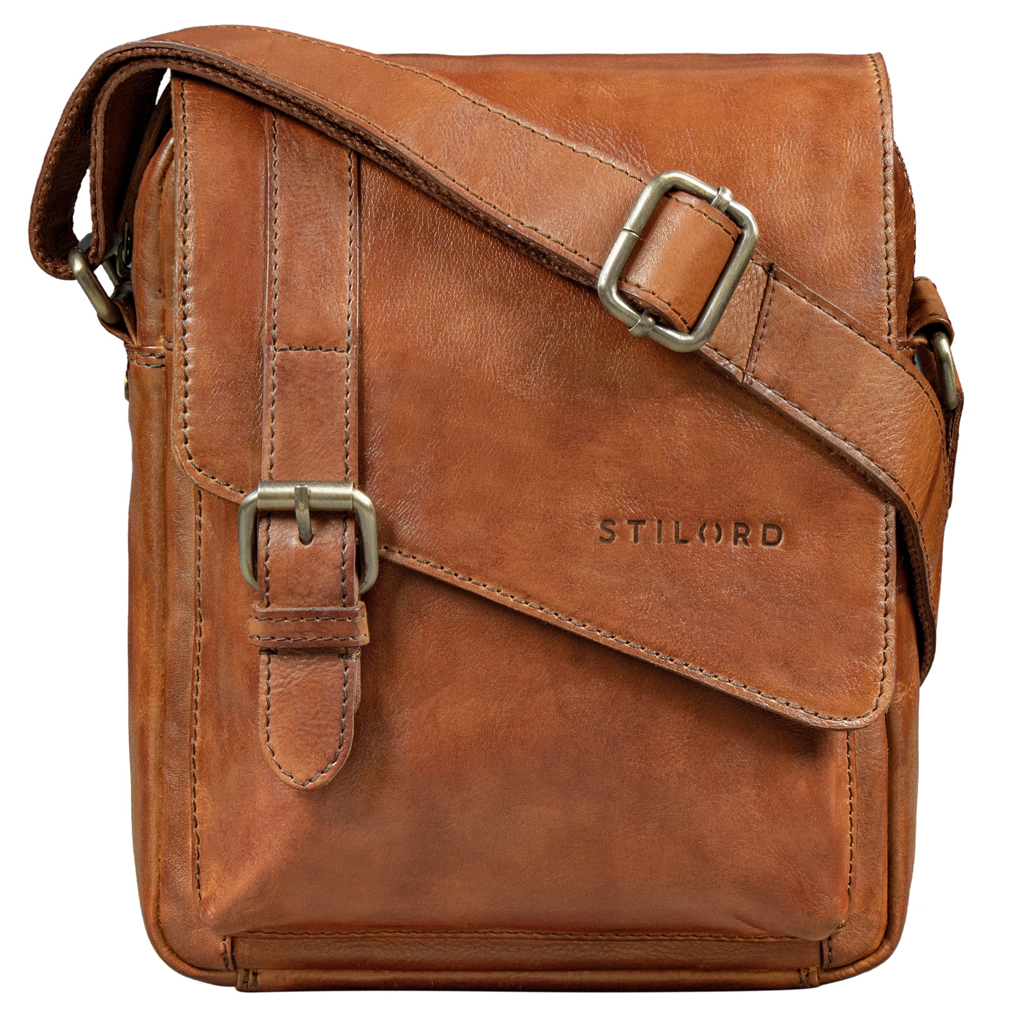 Kleine Herrenhandtasche Leder Cognac für 8 Zoll Tablet mit Magnetverschluss und Schnalle