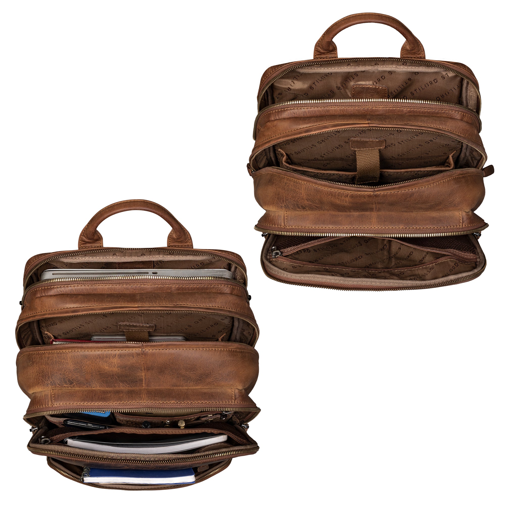 Lederrucksack Vintage Braun mit Laptopfach im leeren und gefüllten Zustand aus der Draufsicht