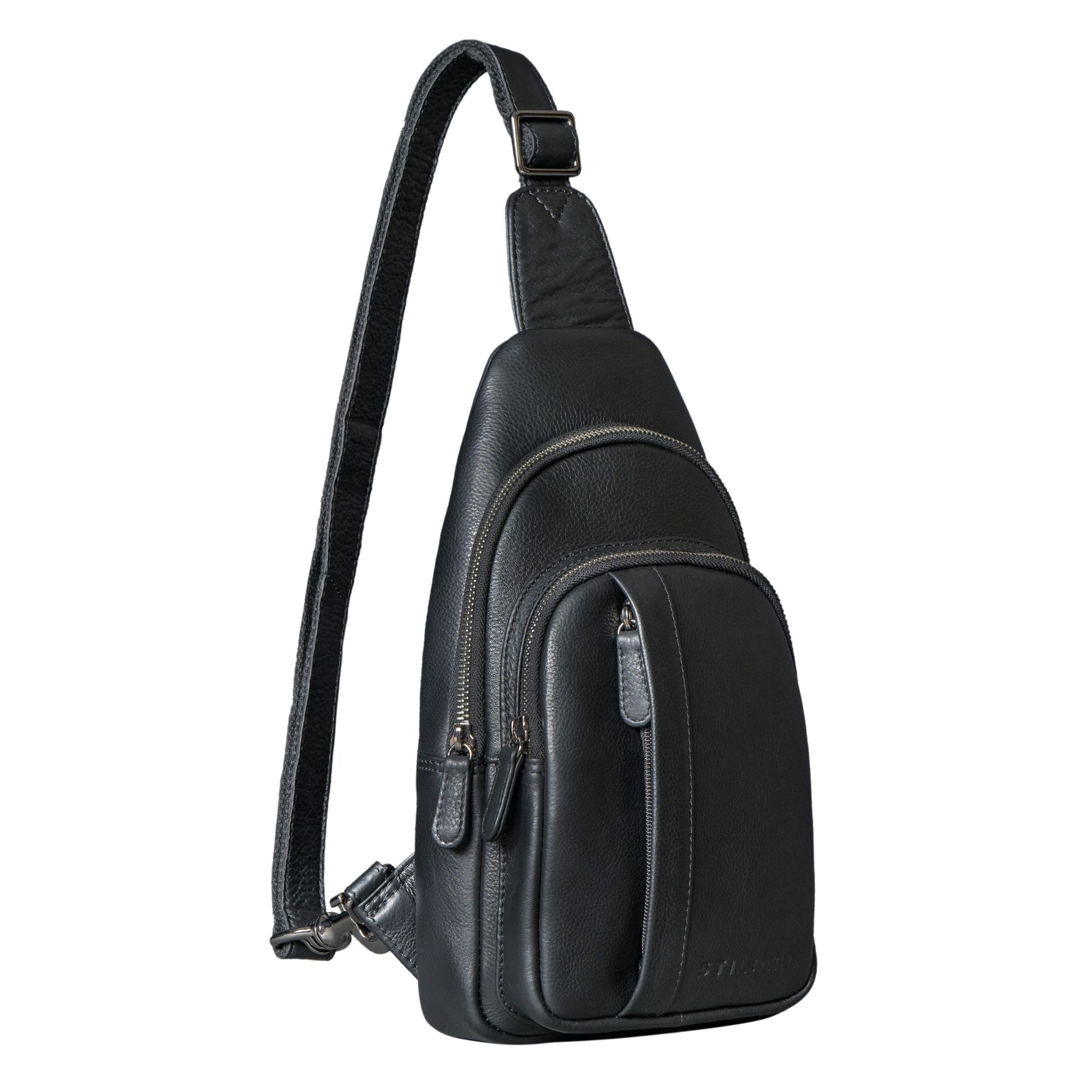Schwarze Sling Bag Herren Leder Groß mit Karabiner & Anti Diebstahl Fach